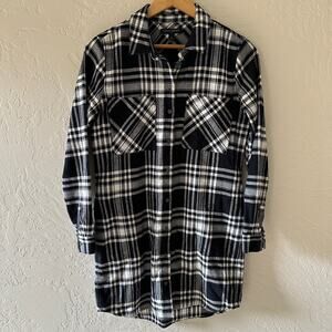 BANANA REPUBLIC Womens Plaid Soft Flannel Shirt Dress Size 2 Black White Pockets